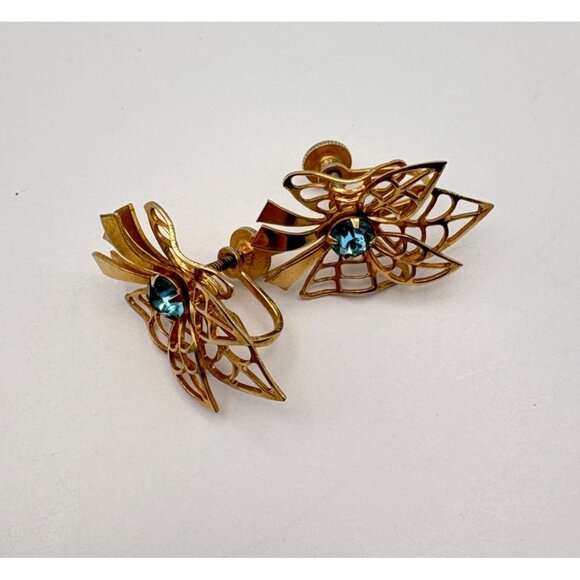 Prestige Blue Rhinestone Gold Tone Earrings Bow Screw Back Ornate Filagree Vtg - Picture 7 of 7